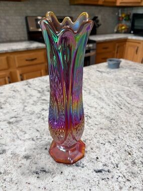 Indiana Glass Iridescent Purple-Green Carnival Glass Vase